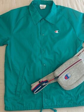 Champion Bundle | Teal Coaches Jacket Medium + Champion Waist Bag